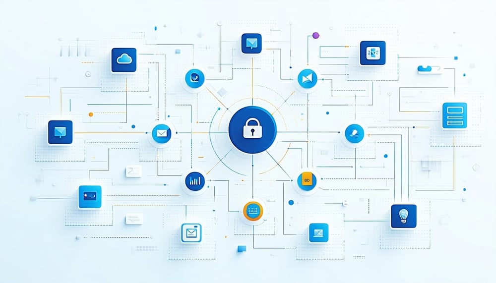 Illustration of business automation workflows connecting various business apps and tools