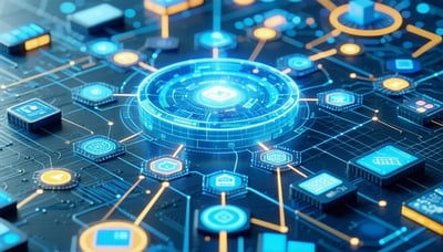 Illustration of automated workflow systems connecting business tools and saving time.
